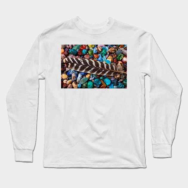 Feather With Dew On Colored Rocks Long Sleeve T-Shirt by photogarry